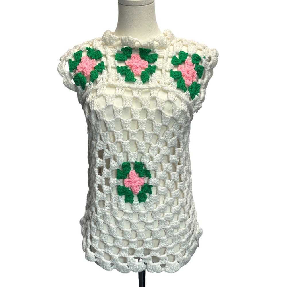 Handmade Crochet Granny Square Top S White Pink Floral Boho Retro Festival 70s